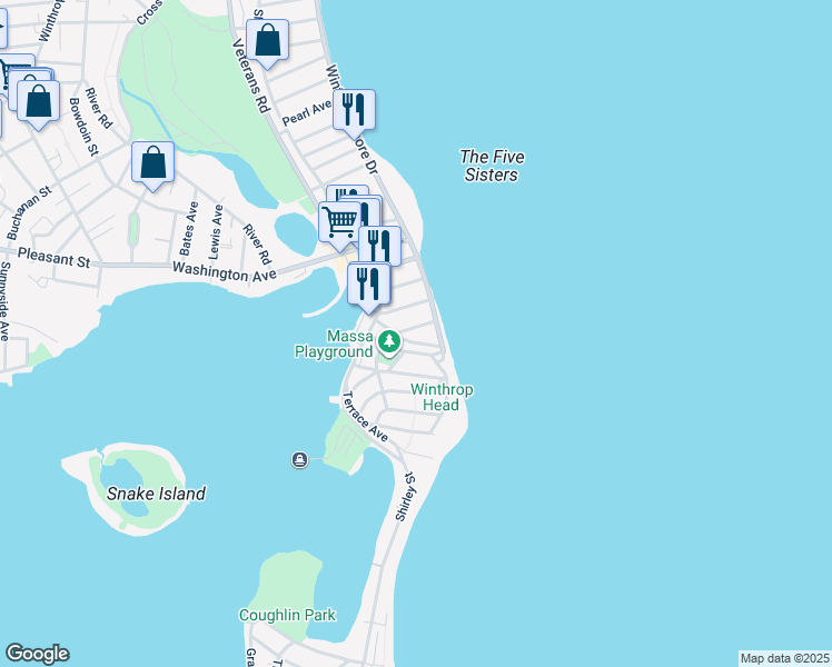map of restaurants, bars, coffee shops, grocery stores, and more near 4 Charles Street in Winthrop