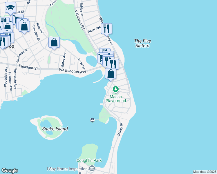 map of restaurants, bars, coffee shops, grocery stores, and more near 571 Shirley Street in Winthrop