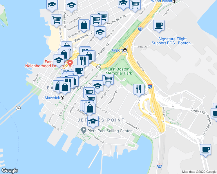 map of restaurants, bars, coffee shops, grocery stores, and more near 194 Cottage Street in Boston