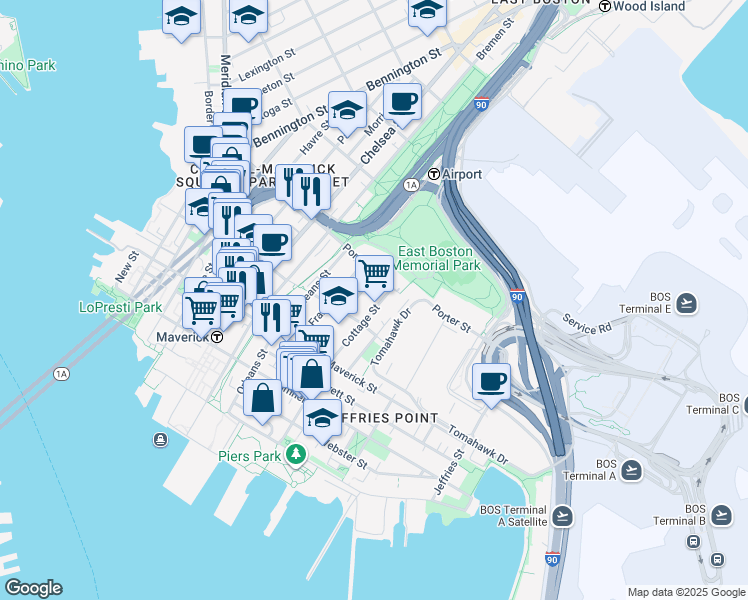 map of restaurants, bars, coffee shops, grocery stores, and more near 186 Cottage Street in Boston