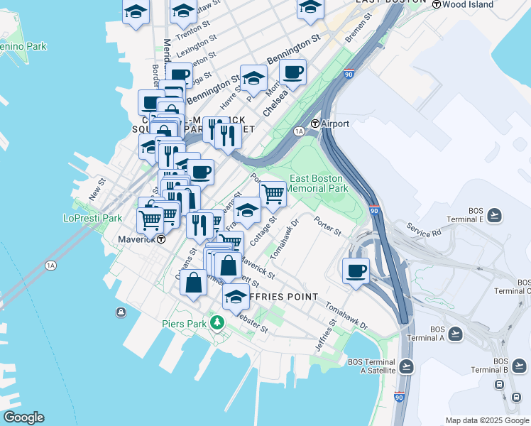 map of restaurants, bars, coffee shops, grocery stores, and more near 194 Cottage Street in Boston