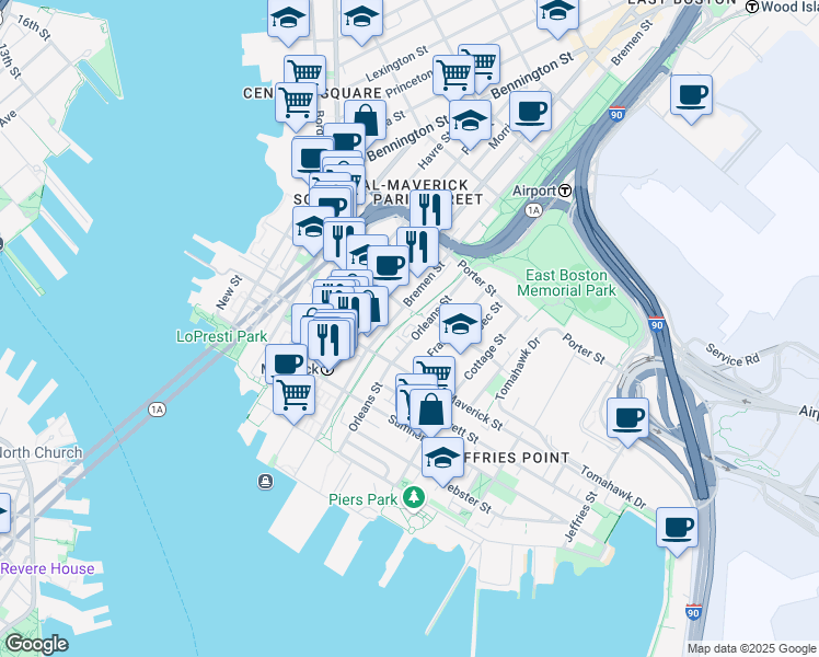 map of restaurants, bars, coffee shops, grocery stores, and more near 82 Bremen Street in Boston