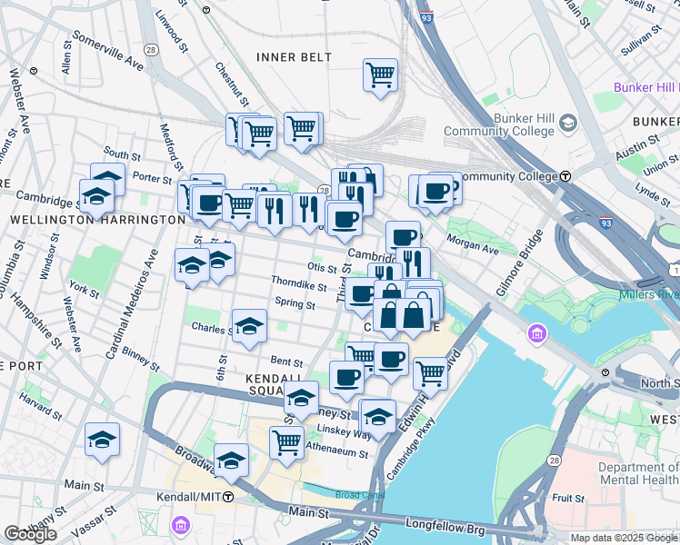 map of restaurants, bars, coffee shops, grocery stores, and more near 63 Otis Street in Cambridge