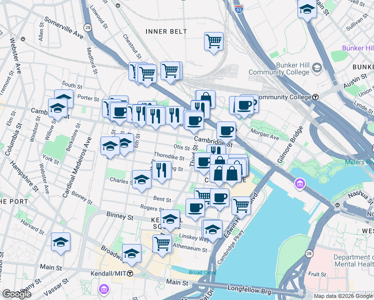 map of restaurants, bars, coffee shops, grocery stores, and more near 63 Otis Street in Cambridge