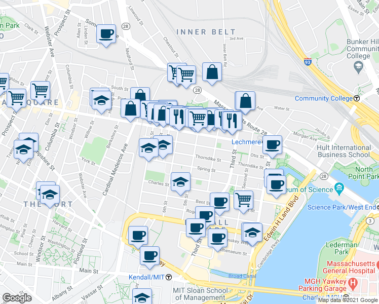 map of restaurants, bars, coffee shops, grocery stores, and more near 79 5th Street in Cambridge