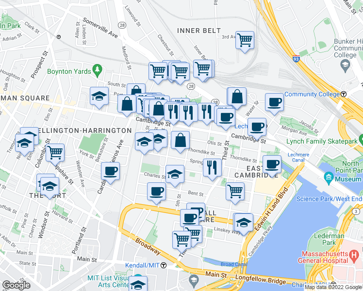 map of restaurants, bars, coffee shops, grocery stores, and more near 79 5th Street in Cambridge