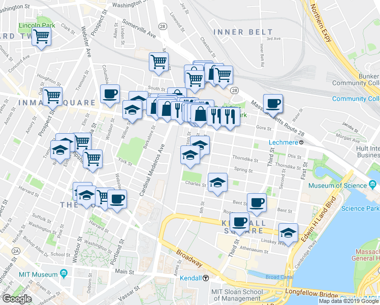 map of restaurants, bars, coffee shops, grocery stores, and more near 180 Thorndike Street in Cambridge