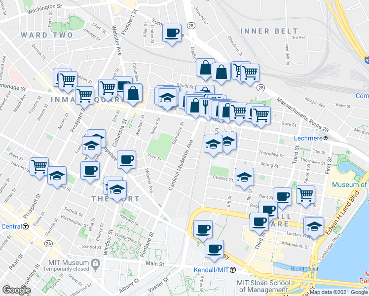 map of restaurants, bars, coffee shops, grocery stores, and more near 1 Marney Street in Cambridge