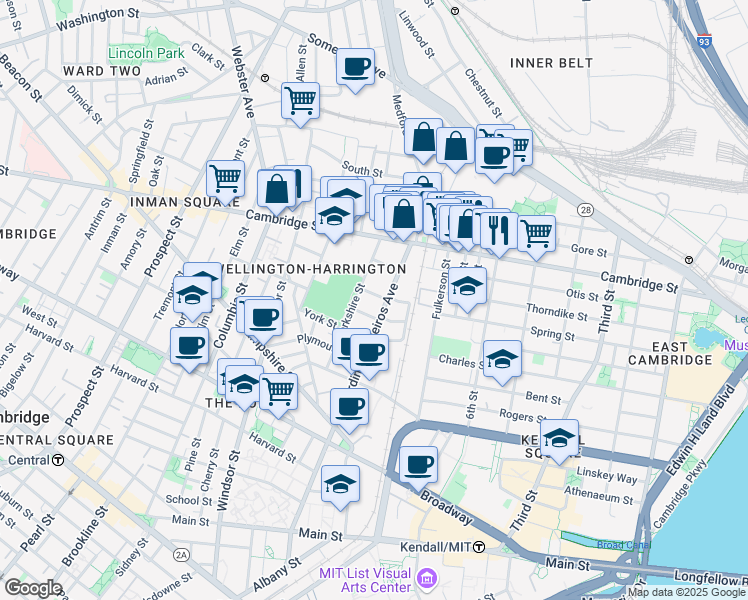 map of restaurants, bars, coffee shops, grocery stores, and more near 1 Marney Street in Cambridge
