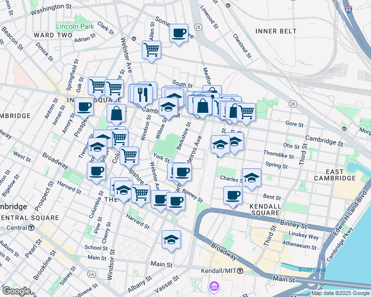 map of restaurants, bars, coffee shops, grocery stores, and more near 88 Berkshire Street in Cambridge