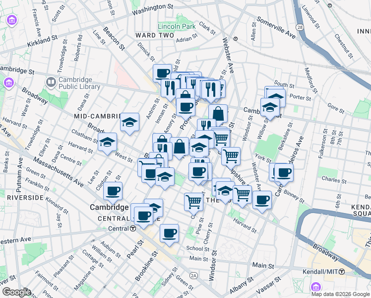 map of restaurants, bars, coffee shops, grocery stores, and more near 28 Tremont Street in Cambridge