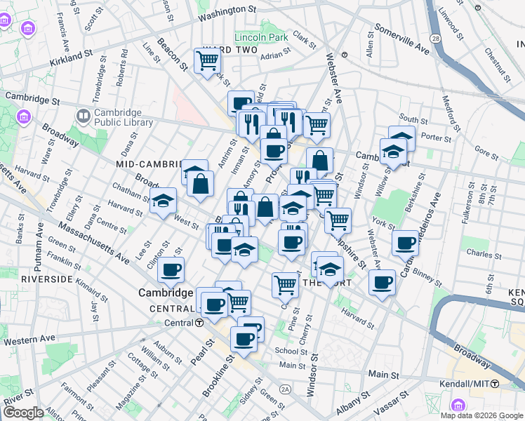 map of restaurants, bars, coffee shops, grocery stores, and more near 210 Prospect Street in Cambridge