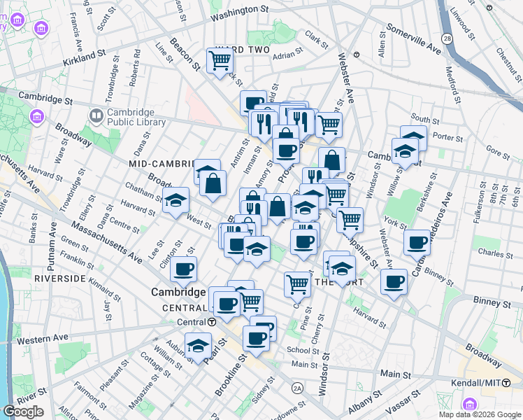 map of restaurants, bars, coffee shops, grocery stores, and more near 210 Prospect Street in Cambridge