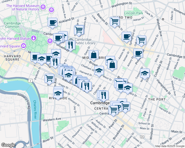map of restaurants, bars, coffee shops, grocery stores, and more near 321 Harvard Street in Cambridge