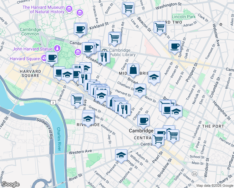 map of restaurants, bars, coffee shops, grocery stores, and more near 338 Harvard Street in Cambridge