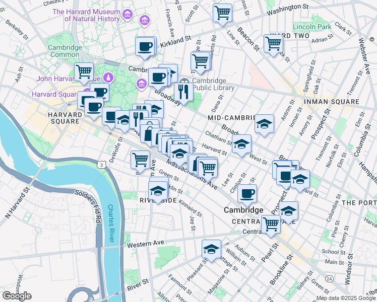 map of restaurants, bars, coffee shops, grocery stores, and more near 11H Dana Place in Cambridge