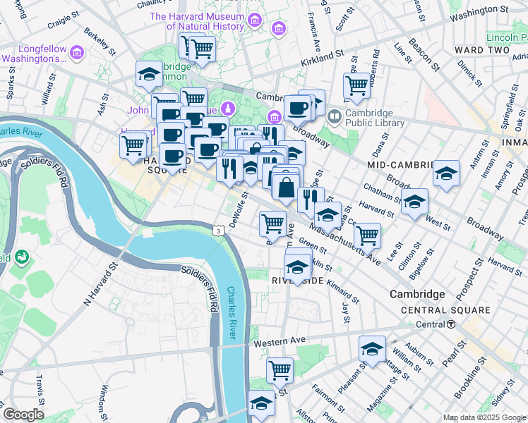 map of restaurants, bars, coffee shops, grocery stores, and more near 18 Mount Auburn Street in Cambridge