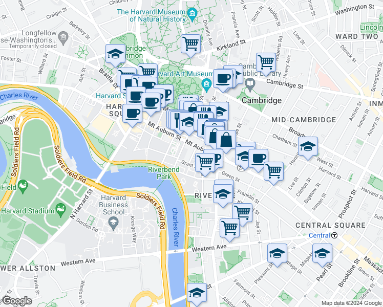 map of restaurants, bars, coffee shops, grocery stores, and more near 18 Mount Auburn Street in Cambridge
