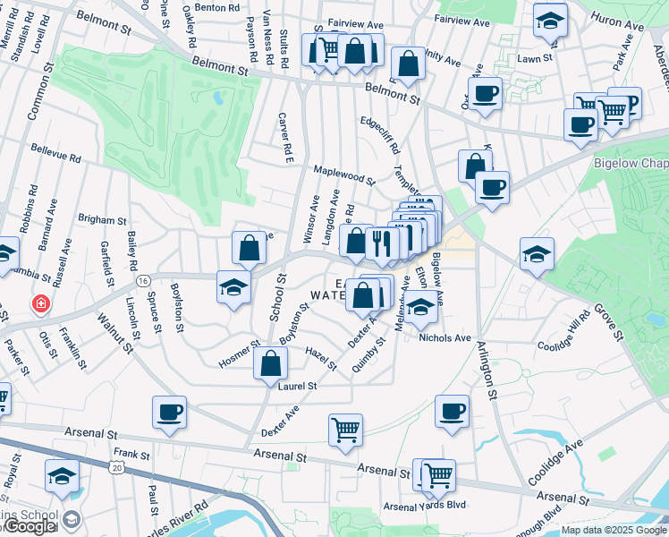 map of restaurants, bars, coffee shops, grocery stores, and more near 521 Mount Auburn Street in Watertown