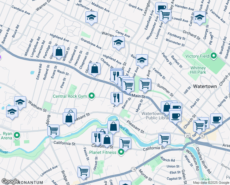map of restaurants, bars, coffee shops, grocery stores, and more near 12 Oakland Street in Watertown