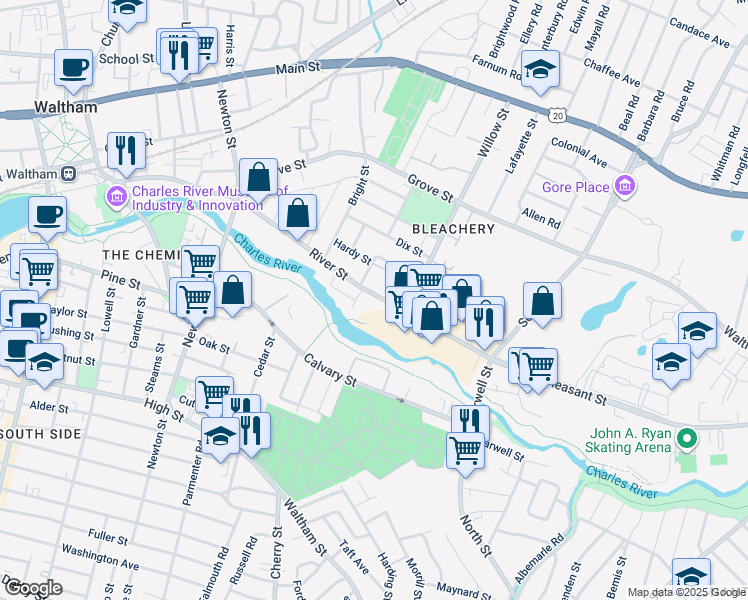 map of restaurants, bars, coffee shops, grocery stores, and more near 176 River Street in Waltham