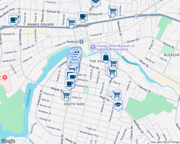 map of restaurants, bars, coffee shops, grocery stores, and more near 12 Lowell Street in Waltham