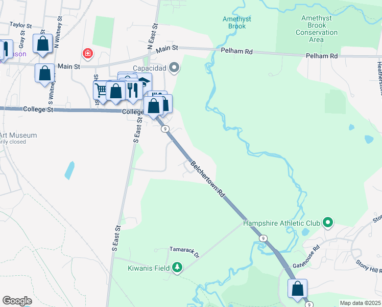map of restaurants, bars, coffee shops, grocery stores, and more near 104 Belchertown Road in Amherst