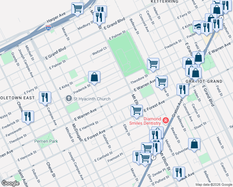 map of restaurants, bars, coffee shops, grocery stores, and more near 3660 Theodore Street in Detroit