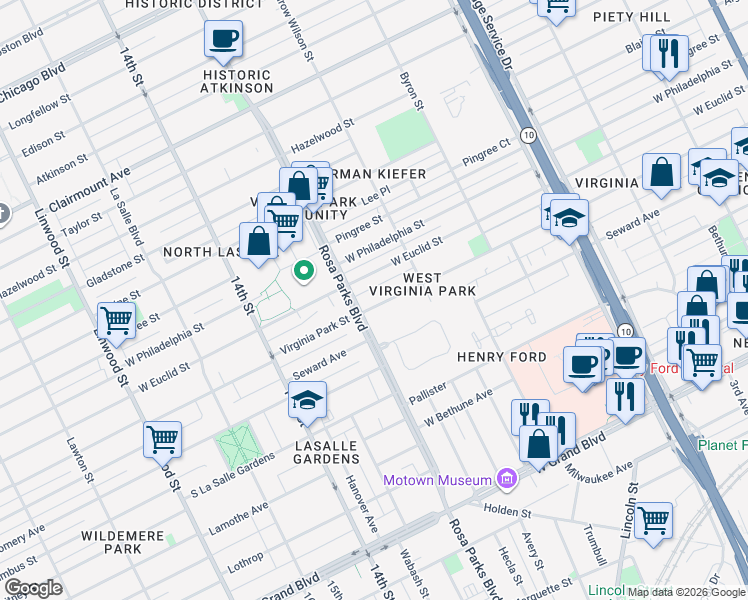 map of restaurants, bars, coffee shops, grocery stores, and more near 1700 Virginia Park Street in Detroit