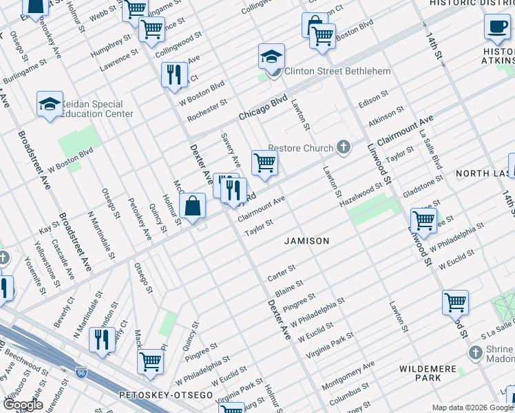 map of restaurants, bars, coffee shops, grocery stores, and more near 3260 Clairmount Avenue in Detroit