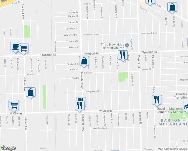 map of restaurants, bars, coffee shops, grocery stores, and more near 10052 Hartwell Street in Detroit