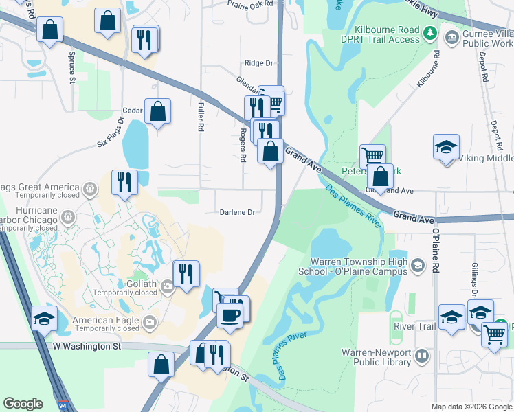map of restaurants, bars, coffee shops, grocery stores, and more near 4968 Darlene Drive in Gurnee