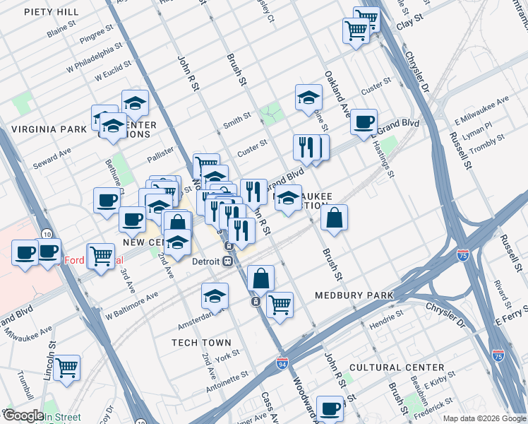 map of restaurants, bars, coffee shops, grocery stores, and more near 117 East Milwaukee Street in Detroit