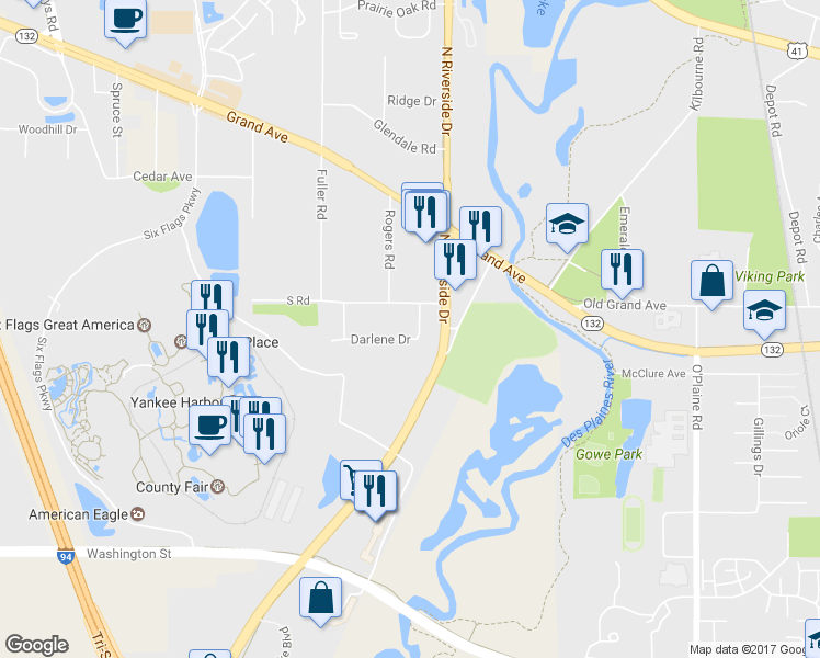 map of restaurants, bars, coffee shops, grocery stores, and more near 4968 Darlene Drive in Gurnee