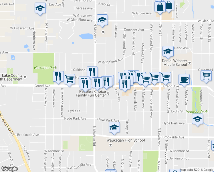 map of restaurants, bars, coffee shops, grocery stores, and more near 2415 Grand Avenue in Waukegan