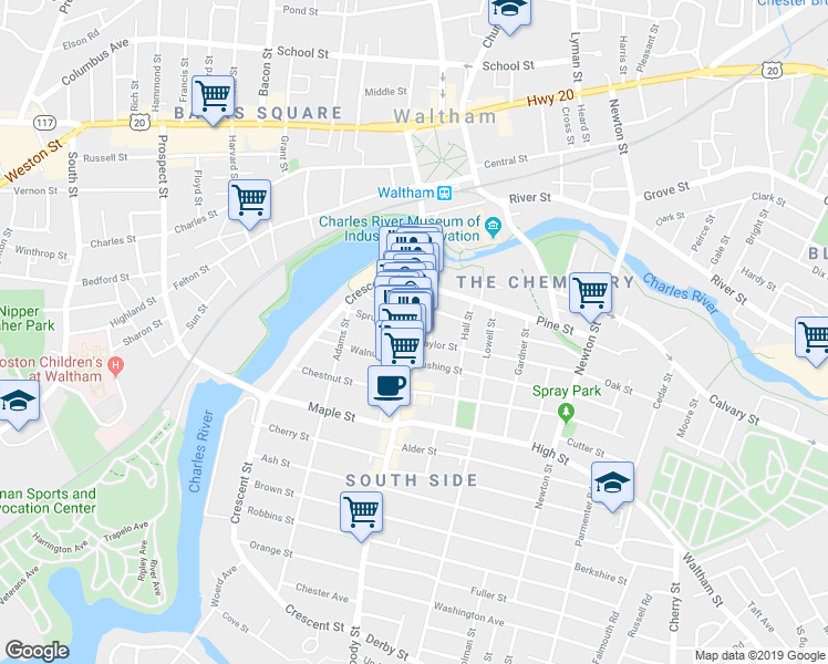map of restaurants, bars, coffee shops, grocery stores, and more near 322 Moody Street in Waltham