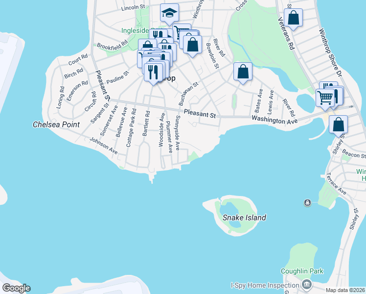 map of restaurants, bars, coffee shops, grocery stores, and more near 12 Pico Avenue in Winthrop