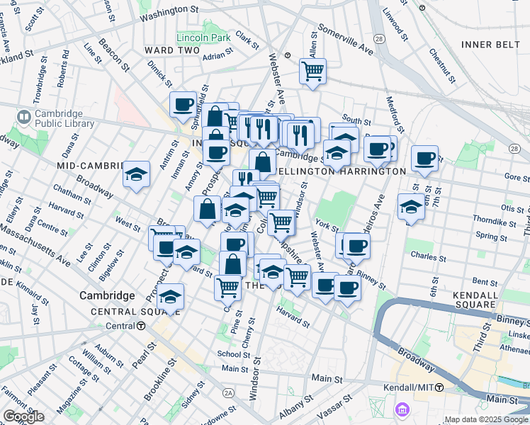 map of restaurants, bars, coffee shops, grocery stores, and more near 310 Columbia Street in Cambridge
