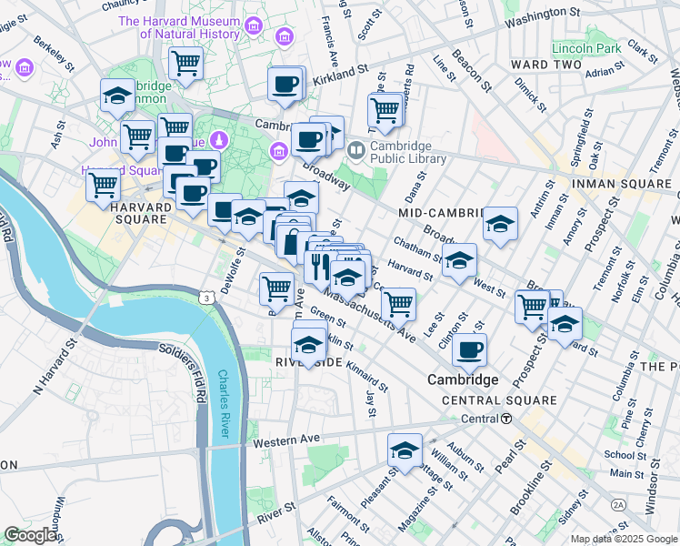 map of restaurants, bars, coffee shops, grocery stores, and more near 12 Trowbridge Street in Cambridge
