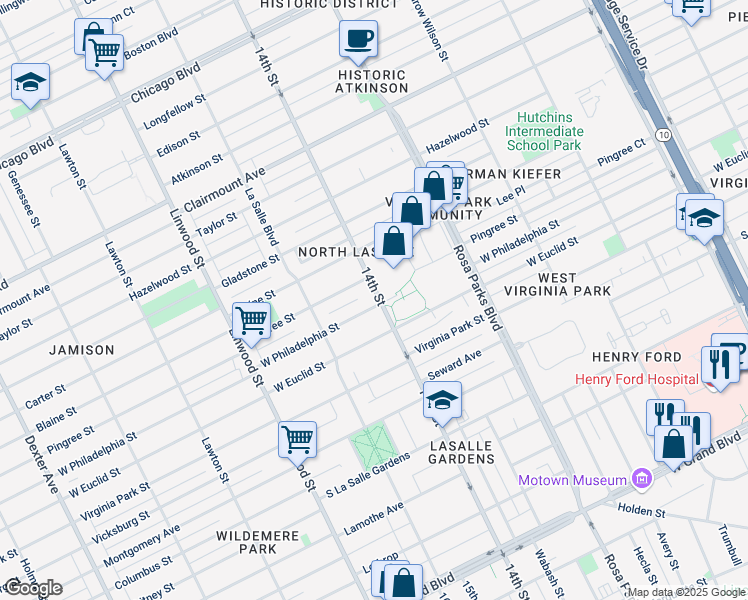map of restaurants, bars, coffee shops, grocery stores, and more near 2210 West Philadelphia Street in Detroit