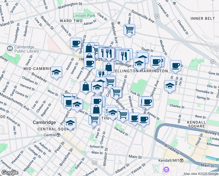 map of restaurants, bars, coffee shops, grocery stores, and more near 291 Columbia Street in Cambridge