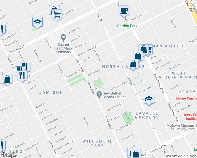 map of restaurants, bars, coffee shops, grocery stores, and more near 2501 Blaine Street in Detroit