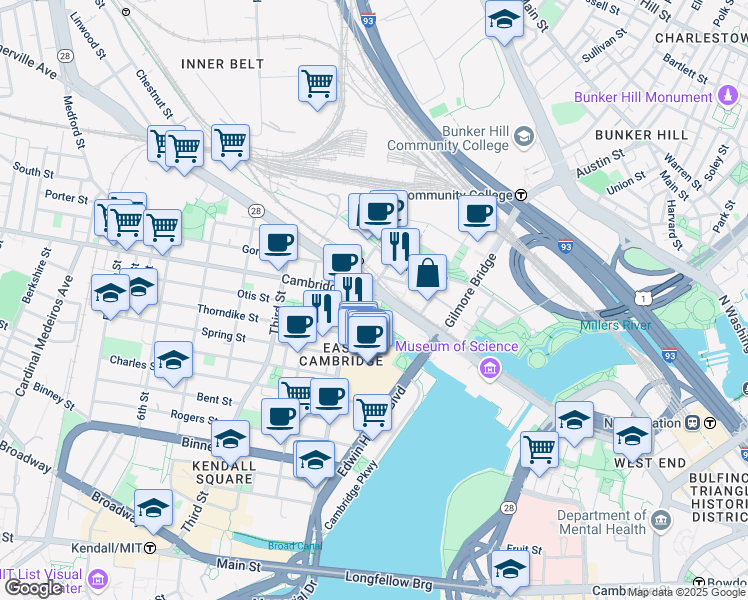 map of restaurants, bars, coffee shops, grocery stores, and more near 32 Cambridge Street in Cambridge