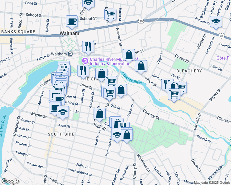 map of restaurants, bars, coffee shops, grocery stores, and more near 15 Calvary Street in Waltham