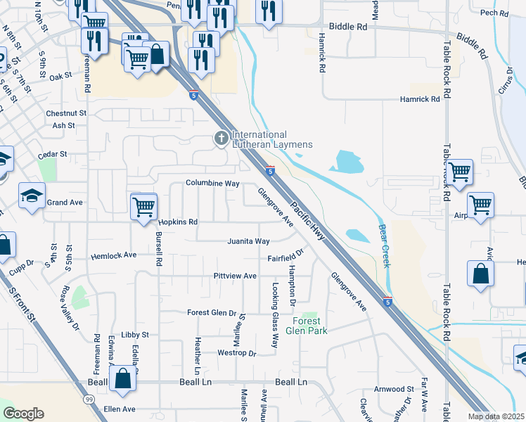 map of restaurants, bars, coffee shops, grocery stores, and more near 1002 Brandi Way in Central Point