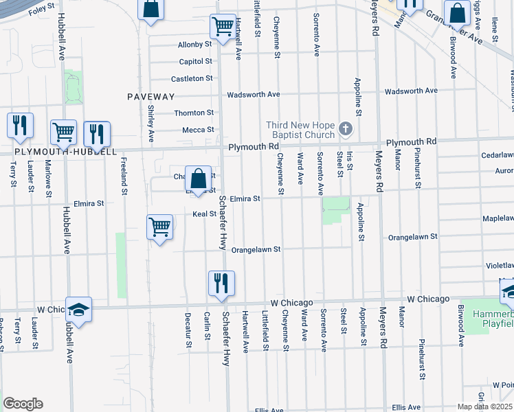 map of restaurants, bars, coffee shops, grocery stores, and more near 10052 Hartwell Street in Detroit