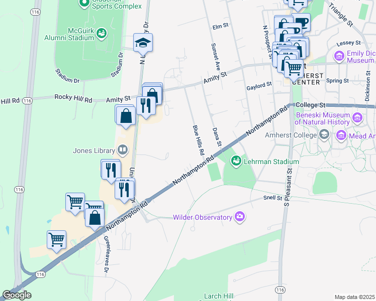 map of restaurants, bars, coffee shops, grocery stores, and more near 107 Blue Hills Road in Amherst