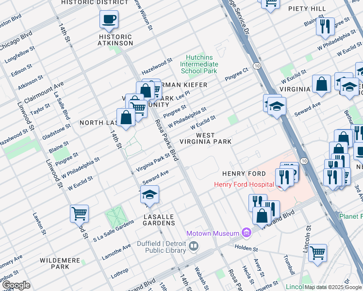 map of restaurants, bars, coffee shops, grocery stores, and more near 1700 Virginia Park Street in Detroit