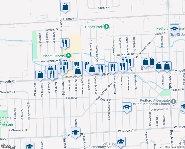 map of restaurants, bars, coffee shops, grocery stores, and more near 26968 Plymouth Road in Redford Charter Township