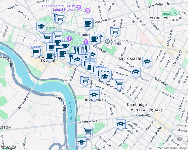 map of restaurants, bars, coffee shops, grocery stores, and more near 1075 Massachusetts Avenue in Cambridge